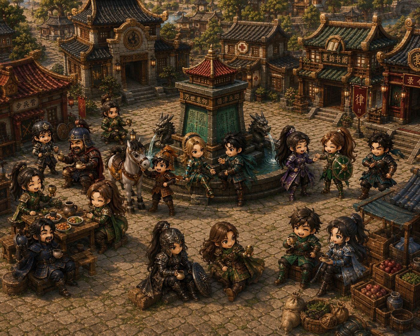 Heroes and buildings illustration